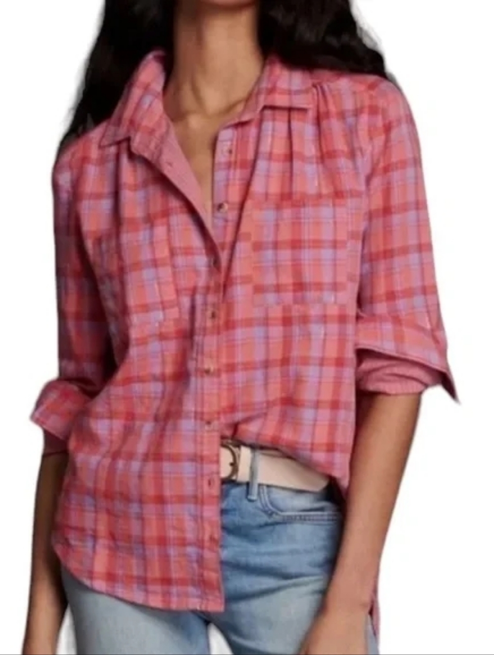Anthropologie - Seen Worn Kept Carl Button Up Plaid Pink Purple Metallic Size 6